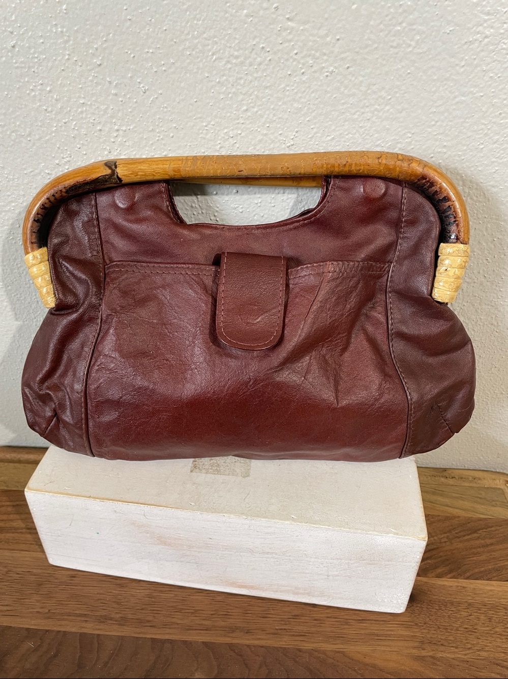Leather Boho Purse Burgundy Bamboo Handles Handbag Frame Bag 70’s Vintage MCI